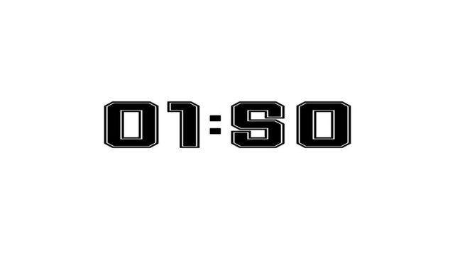 Digital clock timer in zero second to 2 minute. White text number on isolated black background. 4K footage motion video
