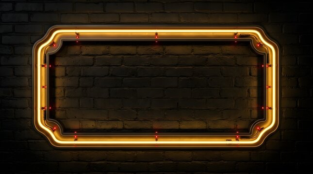 Glowing yellow neon rectangular frame mounted on a dark textured brick wall provides a vibrant retro aesthetic perfect for vintage advertising signs or modern digital displays.