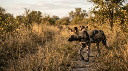 Naklejka premium African Wild Dog Standing Alertly in Natural Habitat Observing Surroundings.