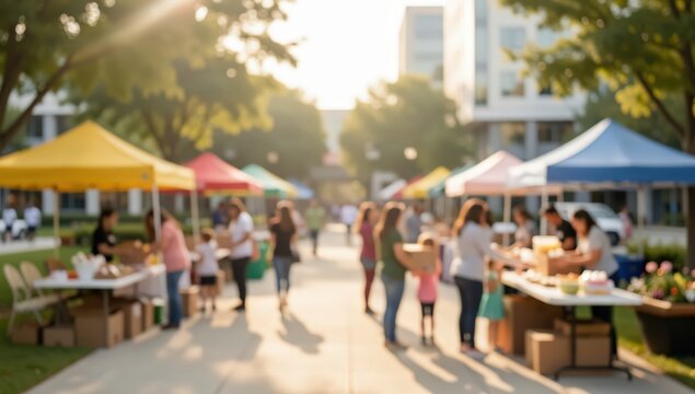 Blurred outdoor community market fair people shopping colorful tents sunset park neighborhood event festival