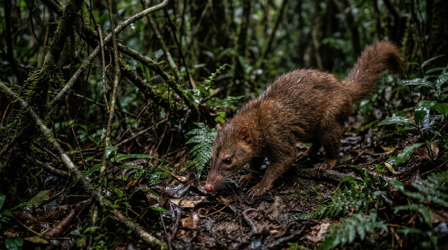 Madagascar Fossa Foraging in Dense Forest Undergrowth.