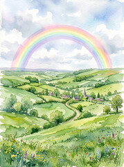 Obraz premium Watercolor painting of a peaceful rural landscape with a bright rainbow over rolling green hills and a small village.