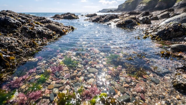Crystal clear summer tide pool with colorful seashells, seaweed and rocky coastline under bright sunlight