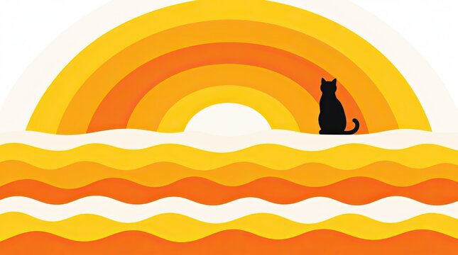 Cat silhouette sitting by layered ocean waves beneath a retro sunset on a bright minimalist background