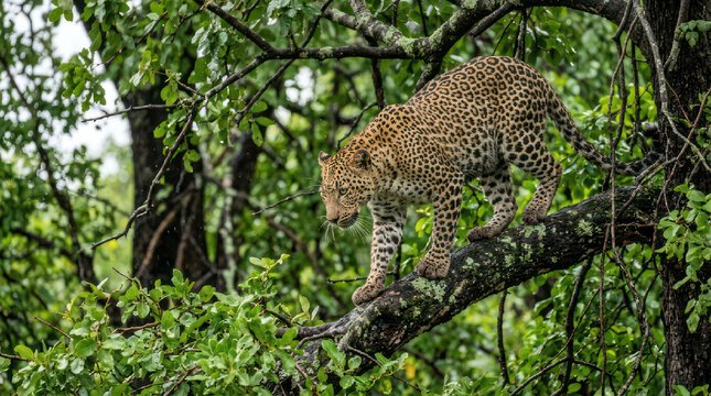 Majestic leopard carefully navigating a tree branch in its natural habitat.