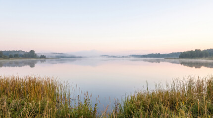 Fototapeta premium Lake reflecting tranquil morning light with mist hanging over distant treeline and reeds in foreground