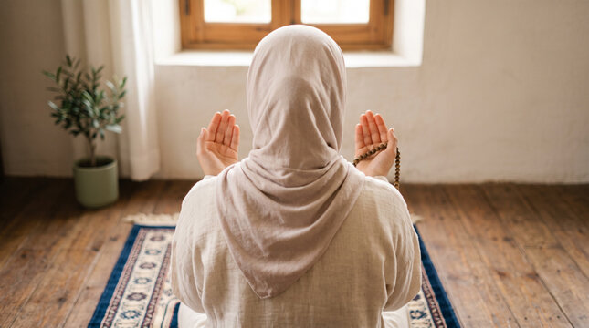 Woman in hijab raising hands in dua with prayer beads, symbolizing Muslim faith, devotion, hope, gratitude, and spiritual connection.