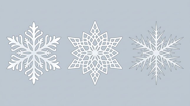 Three different white snowflake icons for Christmas holiday winter season decoration and festive greeting card design