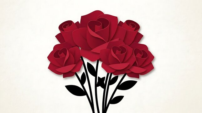 A beautiful bouquet of dark red roses with green leaves illustrated in a simple flat graphic design style