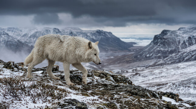 Majestic white wolf walking gracefully a powerful wild canine predator.