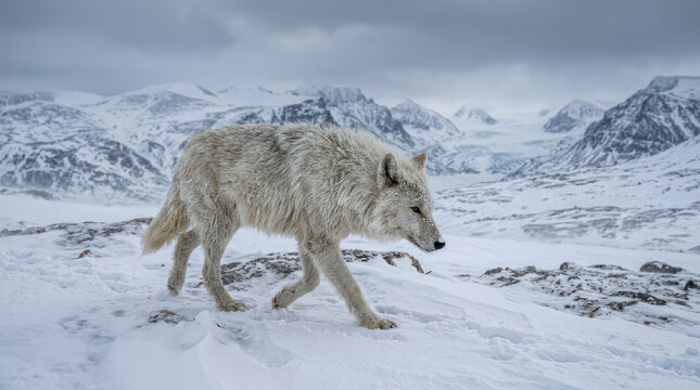 Majestic White Wolf Walking Through Snowy Arctic Wilderness.
