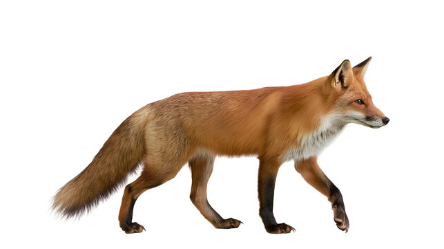 Red fox walking profile view with white chest fur