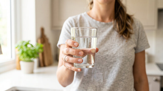 Woman holding a glass of fresh water at home, symbolizing hydration, healthy lifestyle, wellness, balance and daily self care routine.