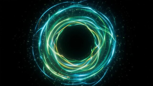 Glowing circular light vortex animation featuring swirling neon energy waves against a deep black motion background