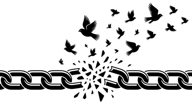 A black and white illustration of a broken chain transforming into a flock of flying birds symbolizing freedom and liberation