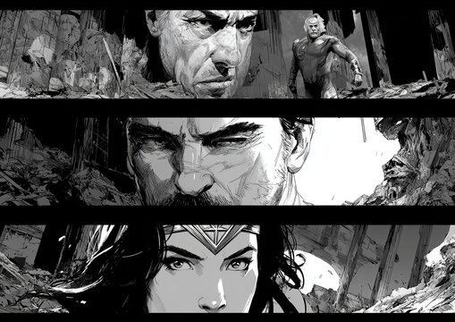 Dramatic Comic Book Panel Featuring Wonder Woman and Male Characters.