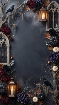 Elegant Gothic Halloween Frame with Lanterns, Crows, and Dark Florals on Smoky Background