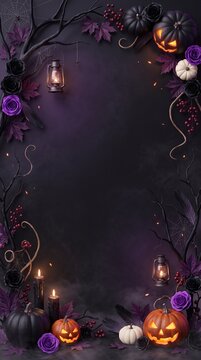 Luxury Halloween Border with Glowing Jack o Lanterns and Purple Roses on Dark Background