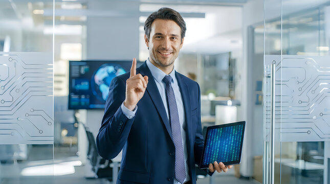 Professional man presenting with pointer in modern office