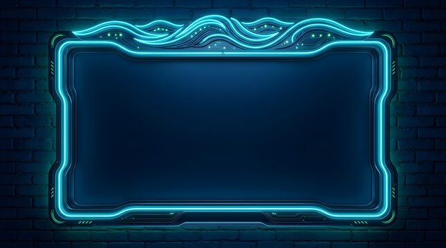 Bright cyan neon rectangle sign with intricate glowing circuit board patterns mounted on a dark textured brick wall providing modern digital space for custom text