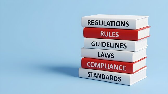 Stack of books showing regulations rules guidelines laws compliance and standards printed on the spines standing isolated against a light blue background