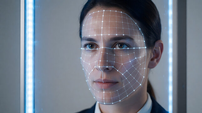 High tech facial recognition scanning concept with futuristic digital biometric wireframe mesh