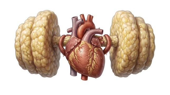: Medical conceptual illustration of a human heart carrying heavy fatty adipose tissue dumbbells, representing heart disease risk and strain from obesity