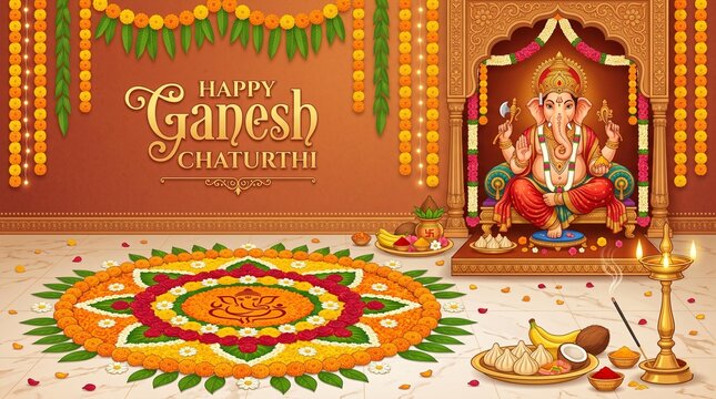 Lord Ganesha Idol with Colorful Floral Rangoli and Oil Lamps for Ganesh Chaturthi Celebration