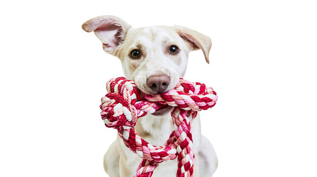 White dog holding red and pink rope toy in mouth