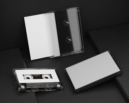 3d render. A mock-up of an audio cassette with a box on a black background. Retro aesthetics, clean composition, ideal for design and media projects.