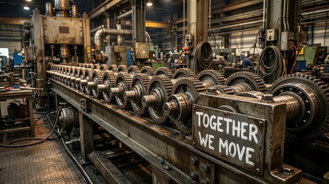 Industrial manufacturing facility featuring a long row of heavy-duty steel gears on a mechanical assembly line with a 'TOGETHER WE MOVE' sign in the foreground of the workshop.