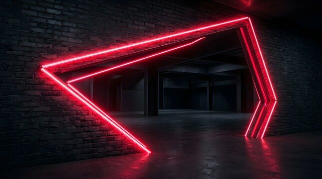 Bright neon red triangular frame illuminating dark empty industrial basement room with textured brick walls creating cinematic atmosphere and mysterious mood for modern futuristic graphic designs