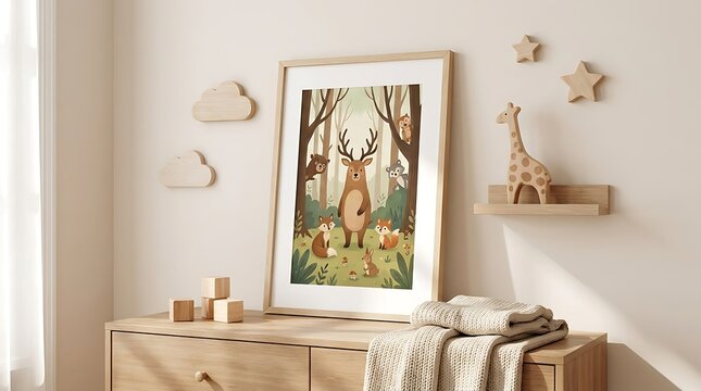 Framed wall art with cute deer and forest animals illustration displayed on a wooden nursery room dresser table