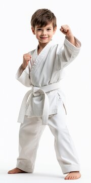 Young smiling boy wearing white karate gi and belt is standing in fighting pose isolated on white background