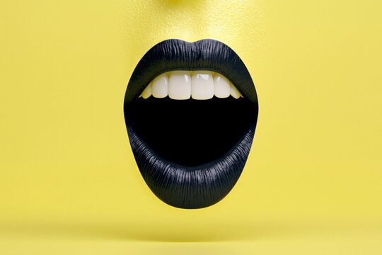 A close-up of a mouth with black painted lips and white teeth open against a smooth bright yellow background