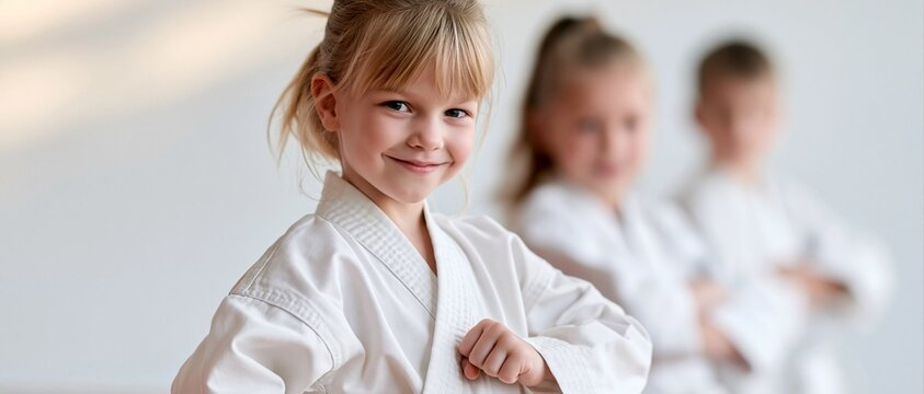 A young blonde girl wearing a white karate uniform smiling confidently with two kids practicing martial arts blurred in the background