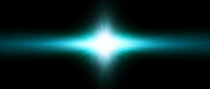Bright blue white light burst with horizontal lens flare effect on black background in digital abstract style