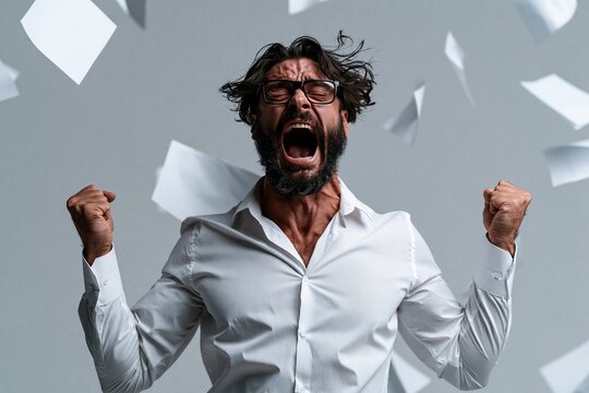 Middle-aged man with beard and glasses wearing white shirt celebrating with clenched fists and shouting surrounded by flying papers in studio