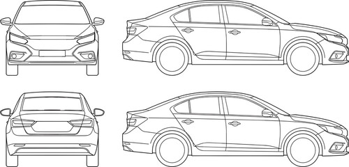 Modern sedan car blueprint vector line art technical drawing set © Monjurul