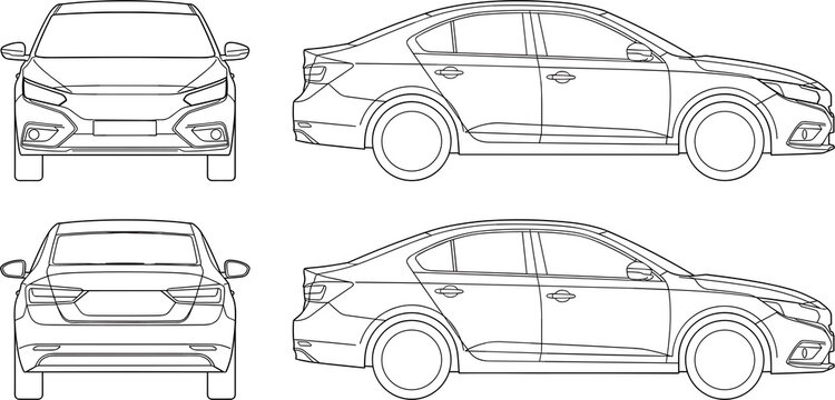 Modern sedan car blueprint vector line art technical drawing set