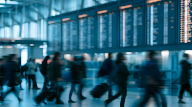Airport departure board with blurred travelers walking by