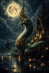 Obraz premium Emerald Serpent Guardian at Moonlit Temple