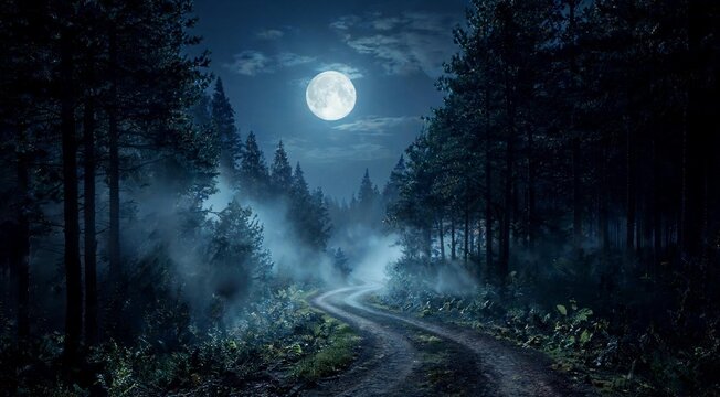 Moonlit Forest Path with Gentle Fog