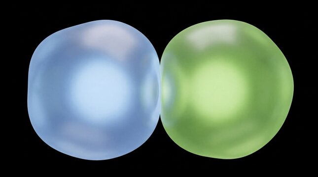 Abstract 3D render of two glowing translucent blue and green gel spheres touching on a black background