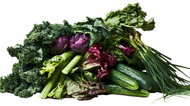 Fresh green and purple vegetables assortment kale radicchio celery cucumbers, scallions
