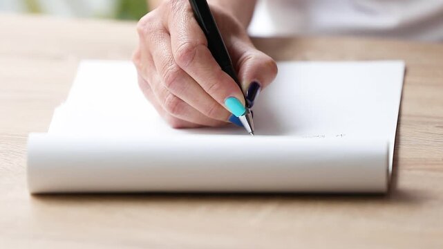 Close-up of elegant young woman's hands with stylish painted nails writing in notebook with pen, creative journaling lifestyle concept