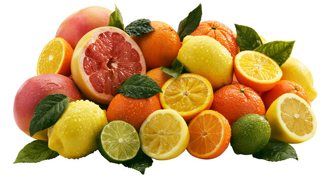 Assorted citrus fruits with leaves and water droplets