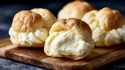 Fototapeta premium Cream puffs on wooden serving board