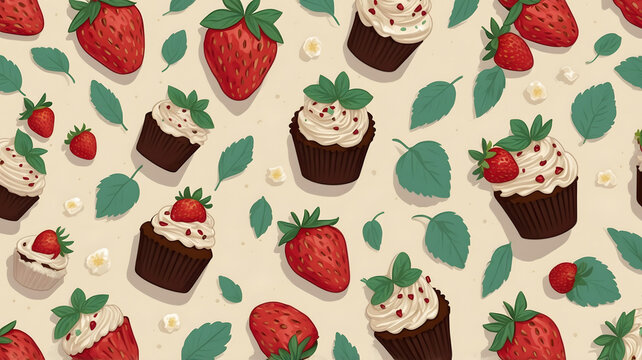 Cute summer seamless pattern with chocolate cupcakes and sweet strawberries on white