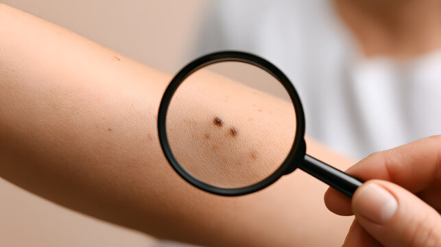 Mole examination with magnifying glass on arm